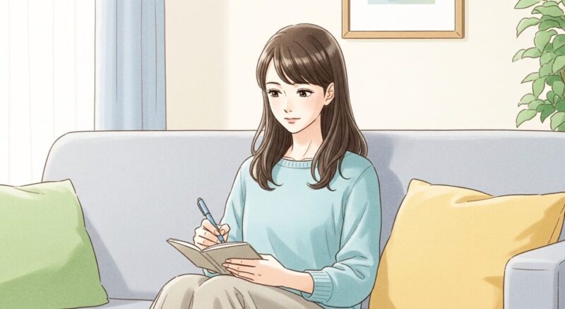 ソファでノートに気持ちを書き出す20代の日本人女性のイラスト