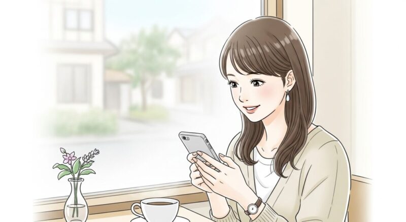 カフェでスマホを見つめて微笑む20代の日本人女性のイラスト