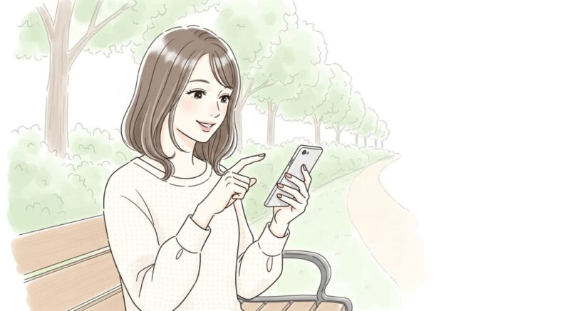 公園のベンチでスマホを操作する20代の日本人女性のイラスト
