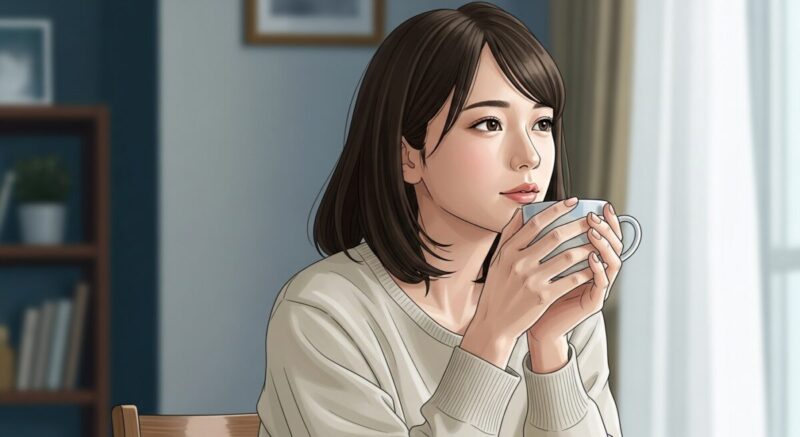 カップを持って窓の外を見つめる20代の日本人女性のイラスト