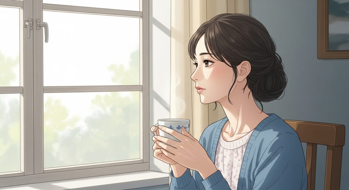 長期の沈黙を越えて復縁を望む女性が、窓辺で静かに希望を抱く姿のイラスト