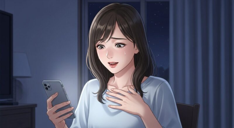 長い沈黙の後に届いた返信を見て涙ぐむ女性のイラスト