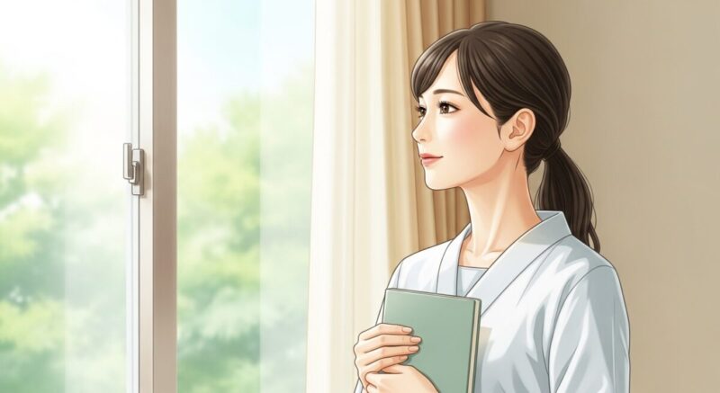 自分の経験を振り返りながら未来に向けて歩み出す女性のイラスト