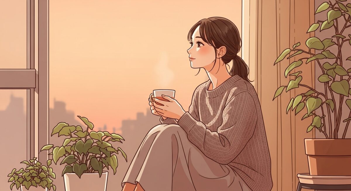 半年間の沈黙を経て、再び笑顔を取り戻した日本人女性が夕暮れの窓辺で静かに微笑むイラスト