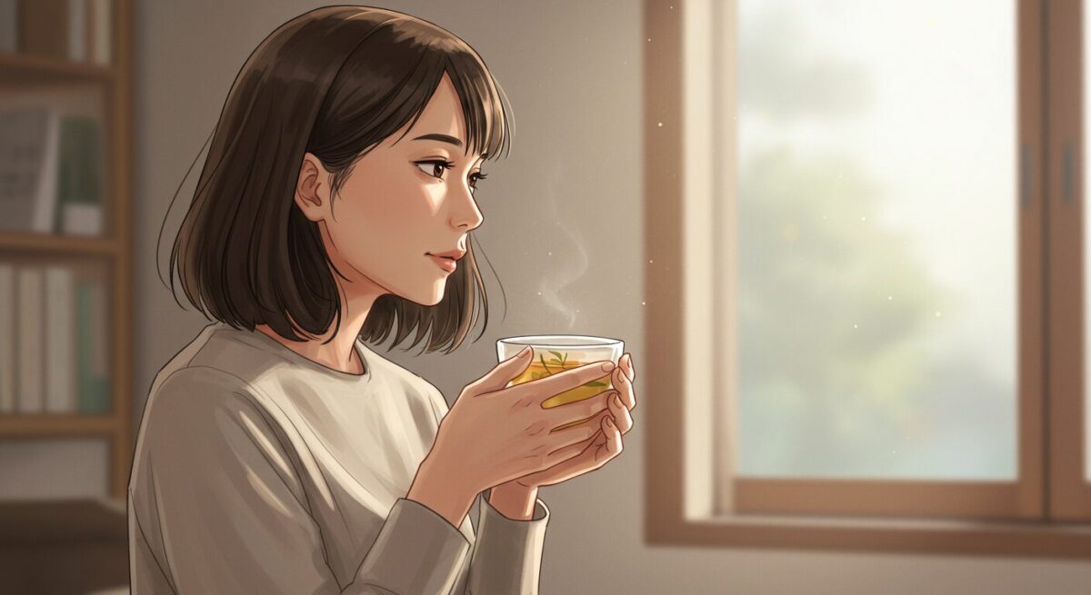 窓辺で静かにハーブティーを手に持ち、物思いにふける20代後半の日本人女性のイラスト