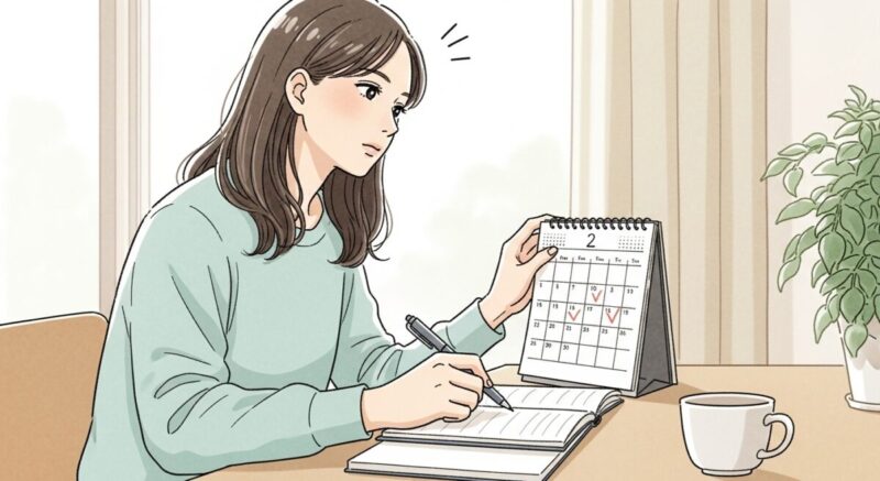 カレンダーに印をつけながら冷却期間を考える20代後半の日本人女性のイラスト