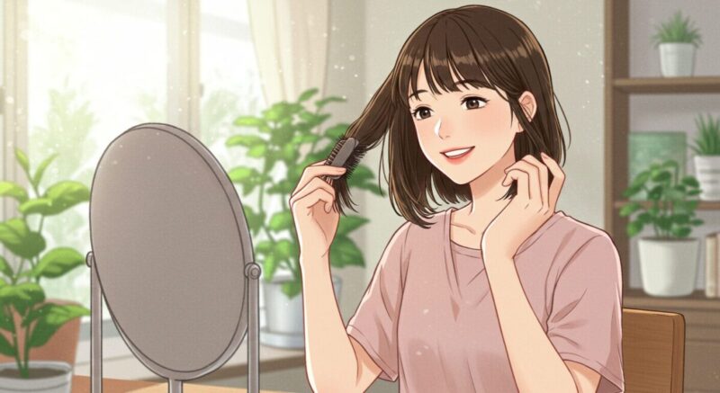 鏡の前で髪を整え、自分磨きに励む20代後半の日本人女性のイラスト