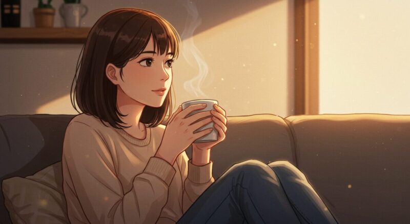 マグカップを両手で持ち、優しい眼差しで遠くを見つめる20代後半の日本人女性のイラスト