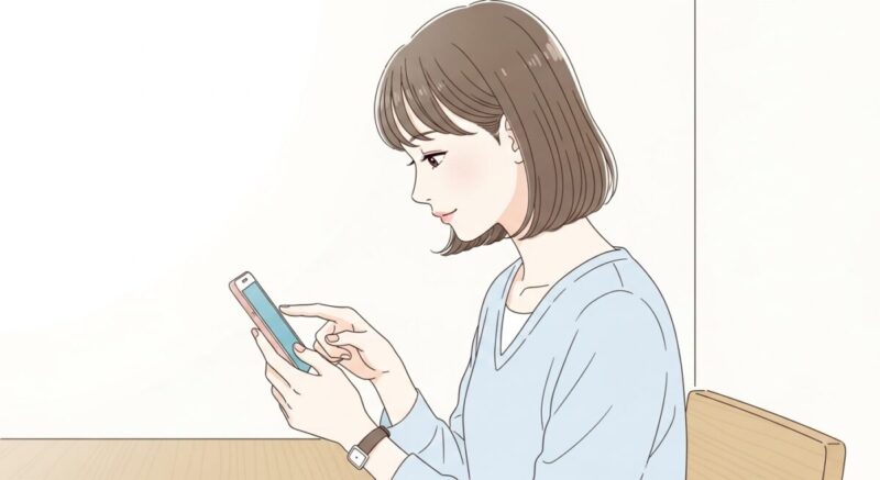 スマホの送信ボタンを押す前に深呼吸する20代後半の日本人女性のイラスト