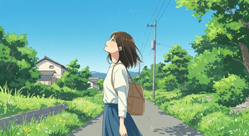 青空を見上げながら小道を歩く20代後半の日本人女性の後ろ姿のイラスト