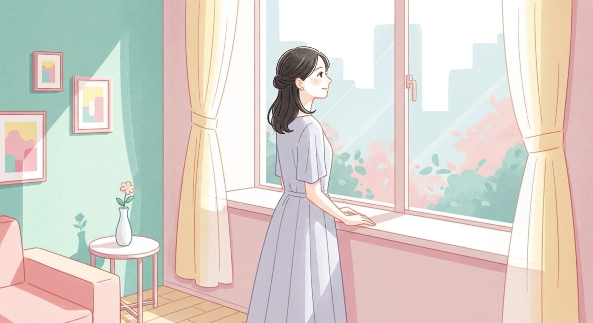 窓辺で静かに外を見つめる大人の日本人女性の繊細なイラスト
