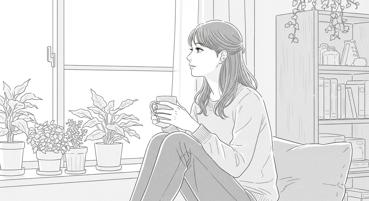 静かな部屋で一人考えごとをする日本人女性が、未来に思いを馳せるような表情で窓辺に座っている様子のイラスト