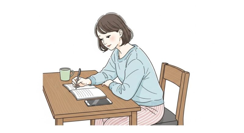 心に距離をとることの意味を感じ取っている女性が、ノートに気持ちを書き出している様子のイラスト