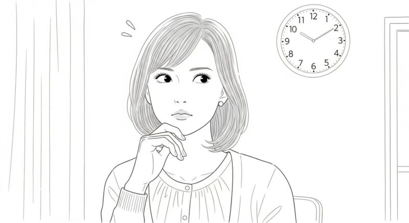 時計を眺めながら、距離を置く期間について思案している女性の横顔イラスト