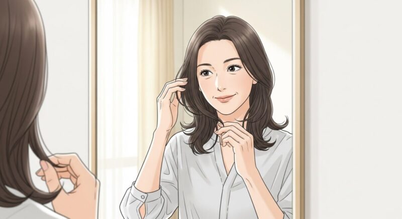 鏡の前で服装や髪型を整えながら前向きな気持ちで準備を進める女性のイラスト