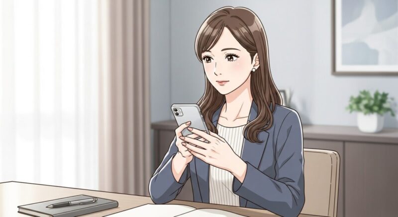 スマホを手に取り、送信前のメッセージを見つめて悩む女性のイラスト