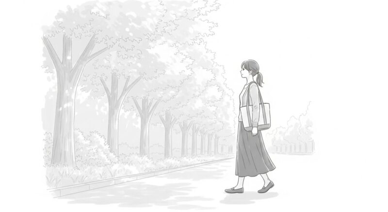 前を向いて歩き出す女性の後ろ姿。心が整い、新しい一歩を踏み出す瞬間を描いたイラスト