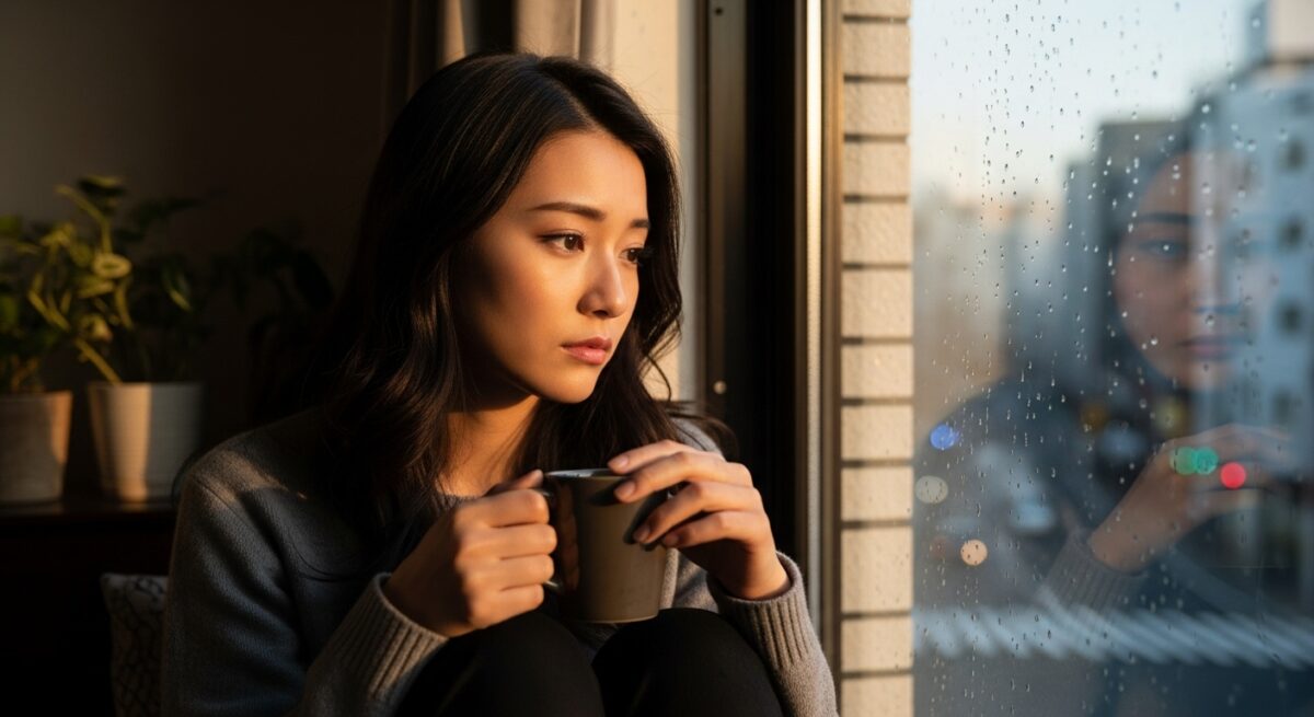 元彼の新しい彼女を見て心が揺れる日本人女性が、窓辺で切なさを感じながらも未来を考える姿