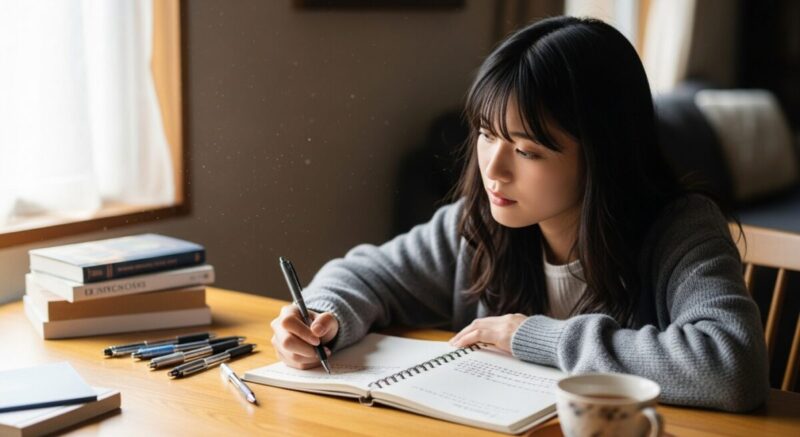 ノートに自分の思いを書き出しながら気持ちを整理する日本人女性