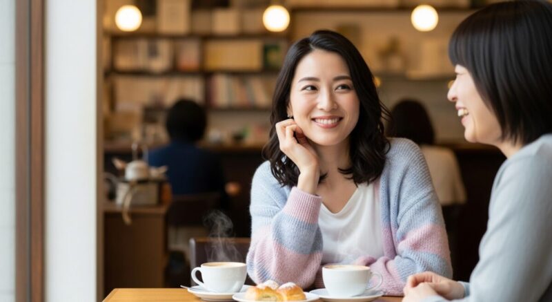 友人と穏やかに会話し、安心感を得ている日本人女性