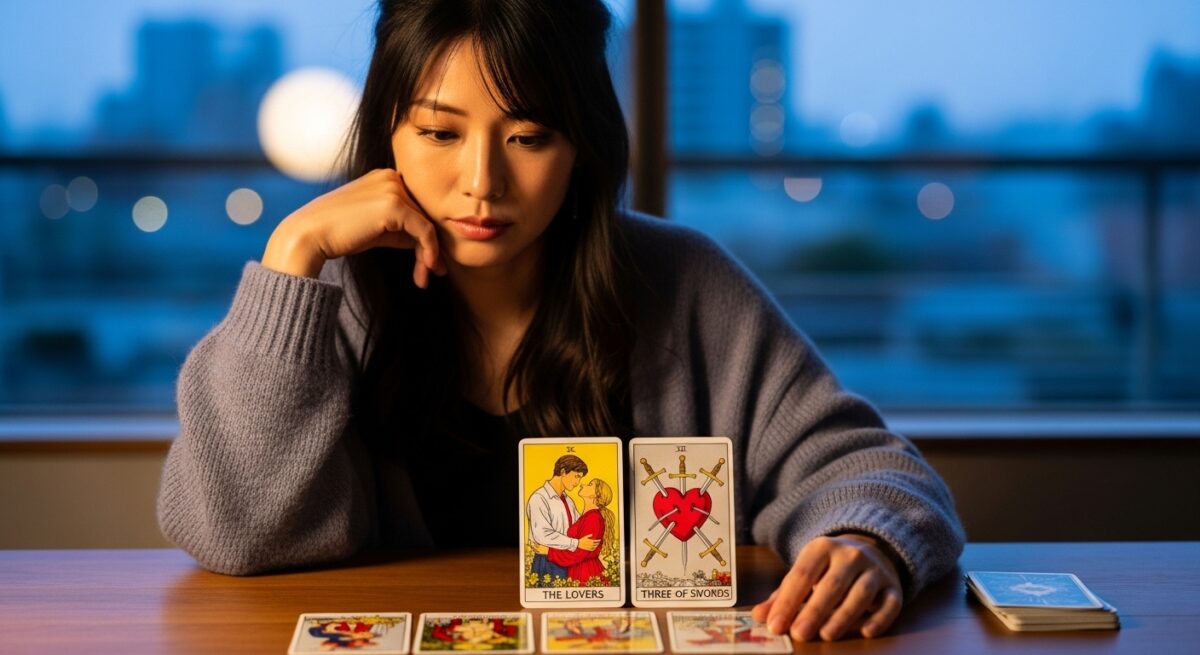 タロットカードを前に、元カレと新しい彼女の関係を思い悩む日本人女性