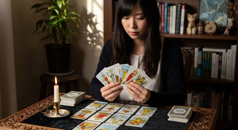 タロットカードを広げ、元カレと新しい彼女の関係性を占う日本人女性