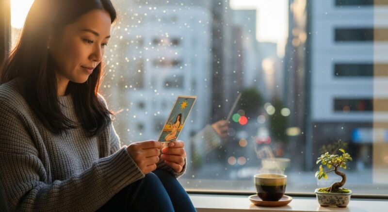 窓辺でタロットカードを手に持ちながら、自分の未来を見つめ直す日本人女性