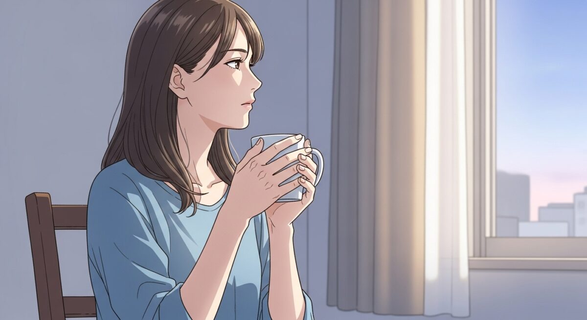 感情的になった喧嘩の後、一人で涙をこらえる女性のイラスト