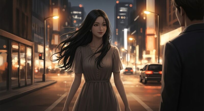 夜の帰り道で立ち止まり会話する男女のイラスト