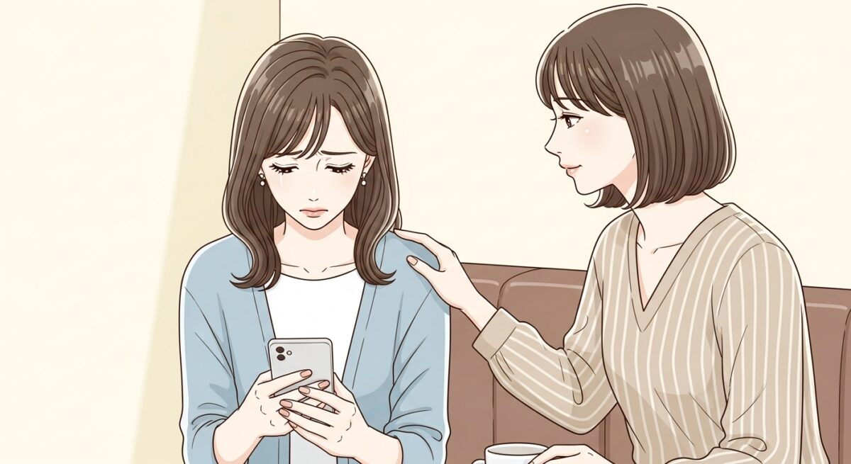 スマホの画面を見つめて落ち込む女性に寄り添う友人