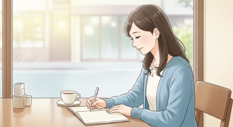 静かなカフェでノートに気持ちを書き出す日本人女性のイラスト。自己理解を深め、焦らず時間を受け止める雰囲気。