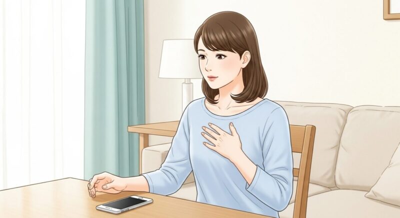 スマホを机の上に置き、深呼吸して気持ちを落ち着ける日本人女性のイラスト。焦らず連絡を待つ姿勢を表現。