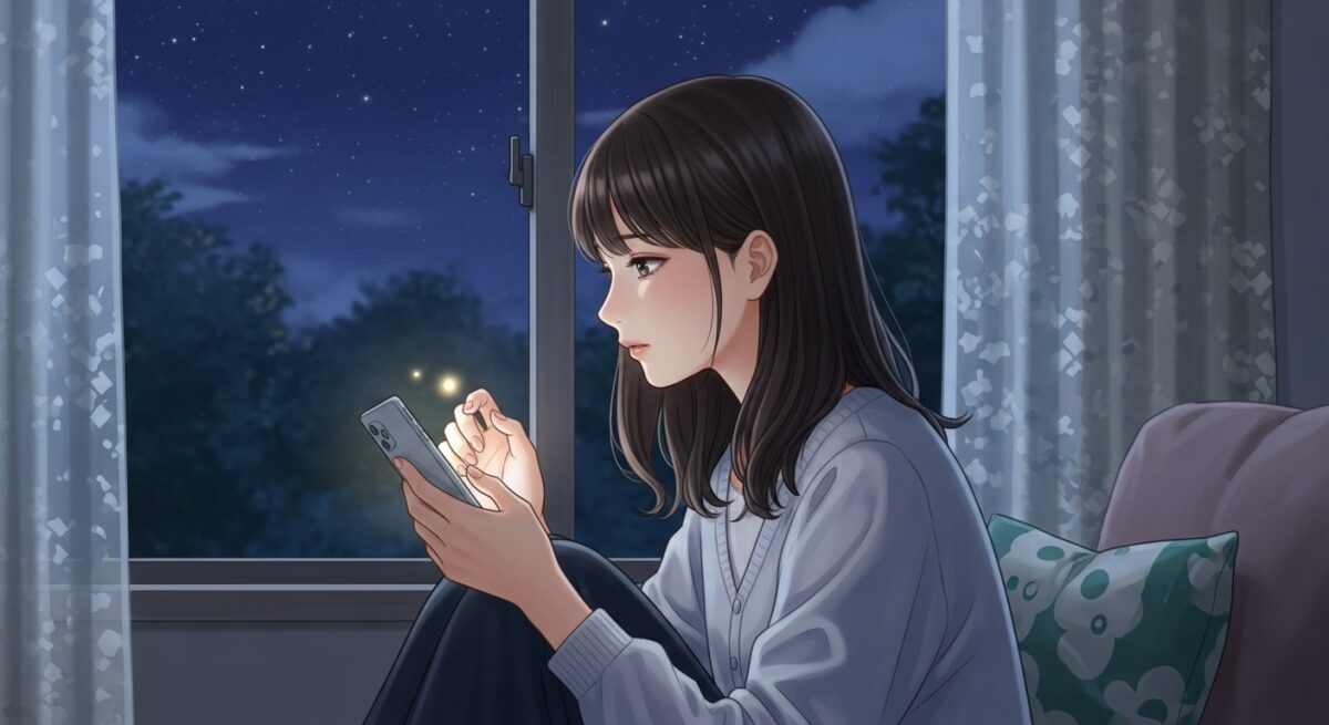 LINEでブロックされても復縁の可能性を信じて前を向く女性のイラスト