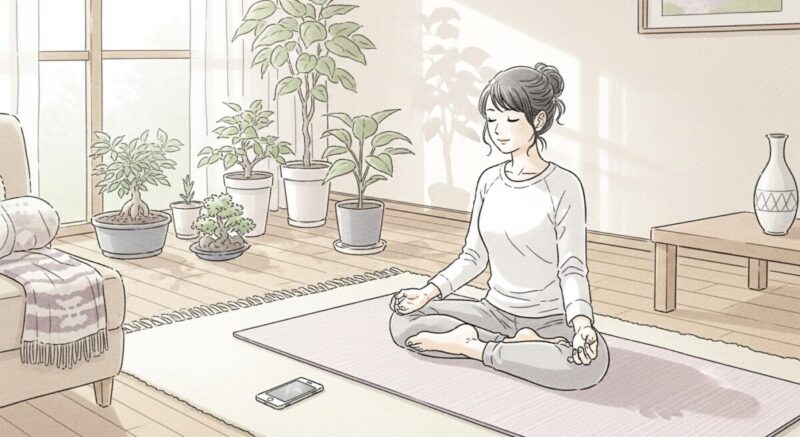 沈黙の時間を自分磨きや内面の整理に使う女性のイラスト
