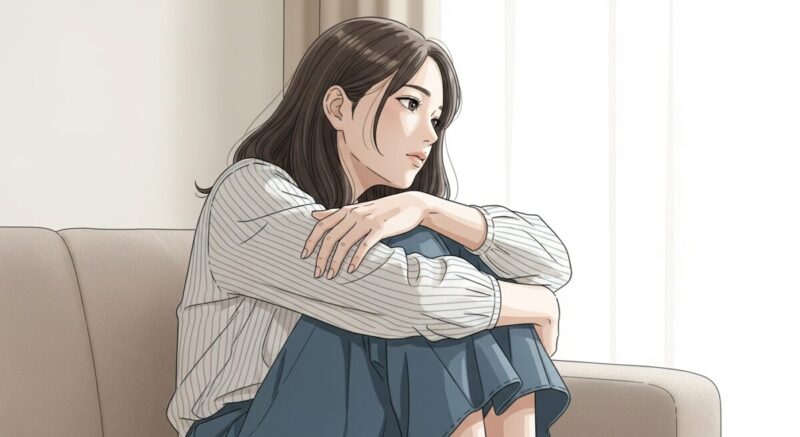 ひとり静かに考え込む日本人女性、感情の波を受け止めようとする姿