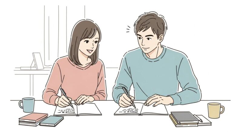 ノートを開きながら話し合うカップル、ルール作りに前向きな様子