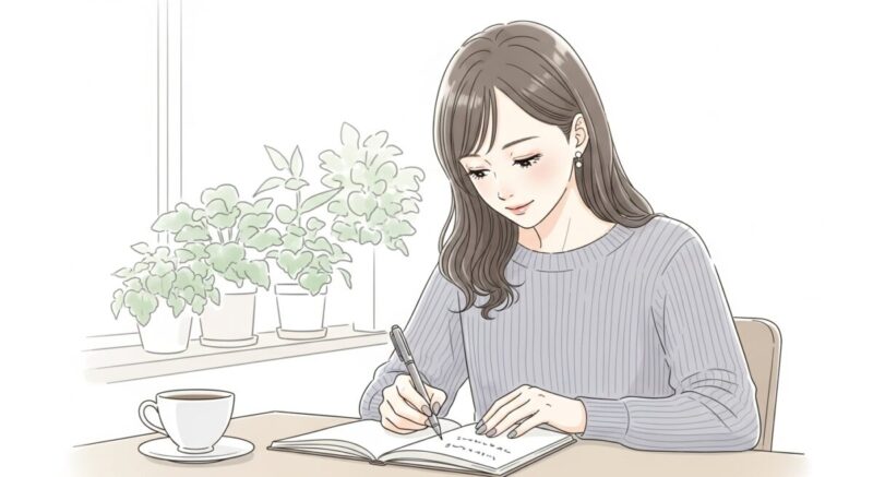 未来に向けた関係の継続をイメージしながら、一人でノートに気づきを書き込む日本人女性のイラスト