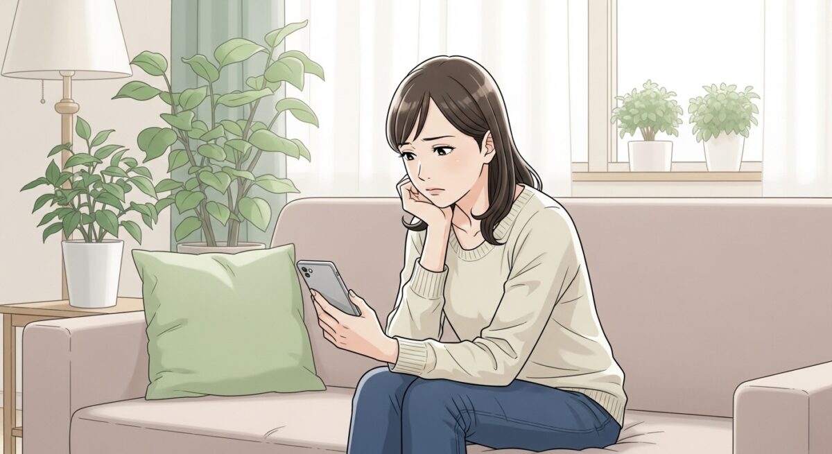 喧嘩別れに悩み、ひとりでスマホを見つめる女性の繊細な表情のイラスト