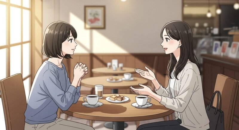 友人とカフェで穏やかに話す女性たちのイラスト