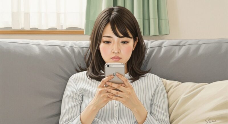 スマホの連絡先リストを見ながら悩む女性のイラスト