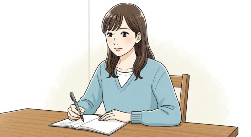 ノートに気持ちを書き出す女性の横顔のイラスト