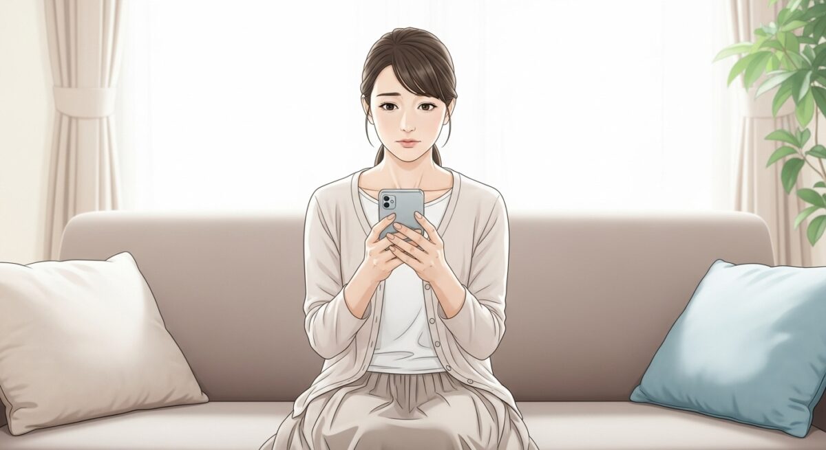 スマホを両手で持ち、画面を見つめながら静かに考え込む日本人女性の繊細な横顔