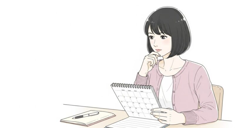 カレンダーを前に真剣な表情でタイミングを見計らう女性の後ろ姿