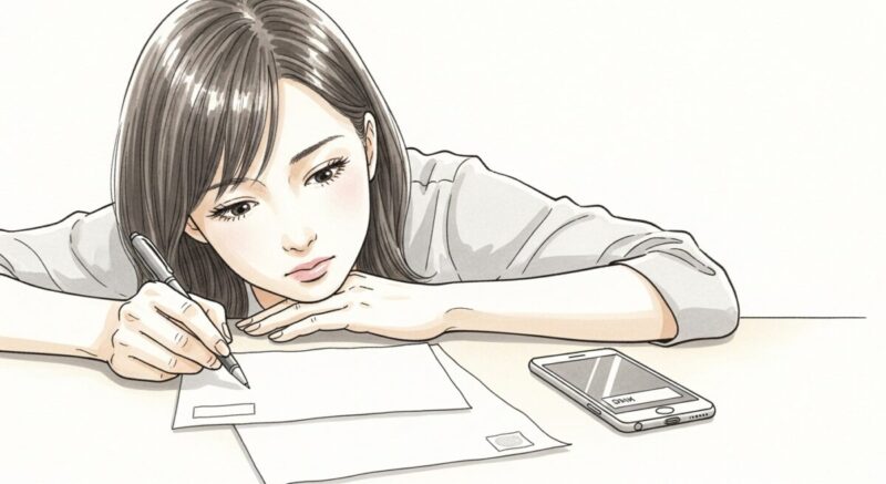 手紙やスマホの画面を前に言葉を選ぶ女性の繊細な表情