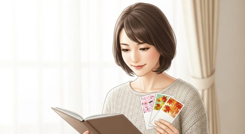 季節の便りや思い出の品を前に、やわらかく笑みを浮かべる女性