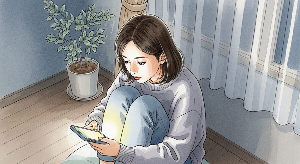 復縁の連絡をするか迷ってスマホを見つめる大人の女性のイラスト。