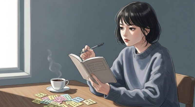 ノートに気持ちを書き出して連絡の是非を整理する女性のイラスト。