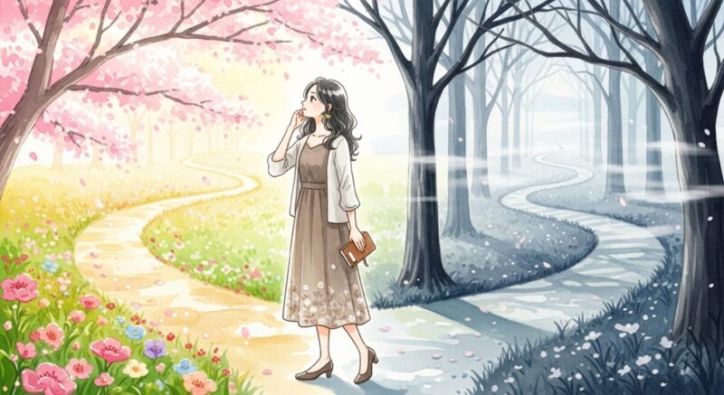 連絡するか控えるかを選択に迷う女性を象徴的に描いたイラスト。