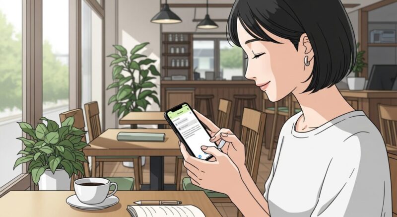 復縁を意識して自然なメッセージを送ろうとする女性のイラスト。