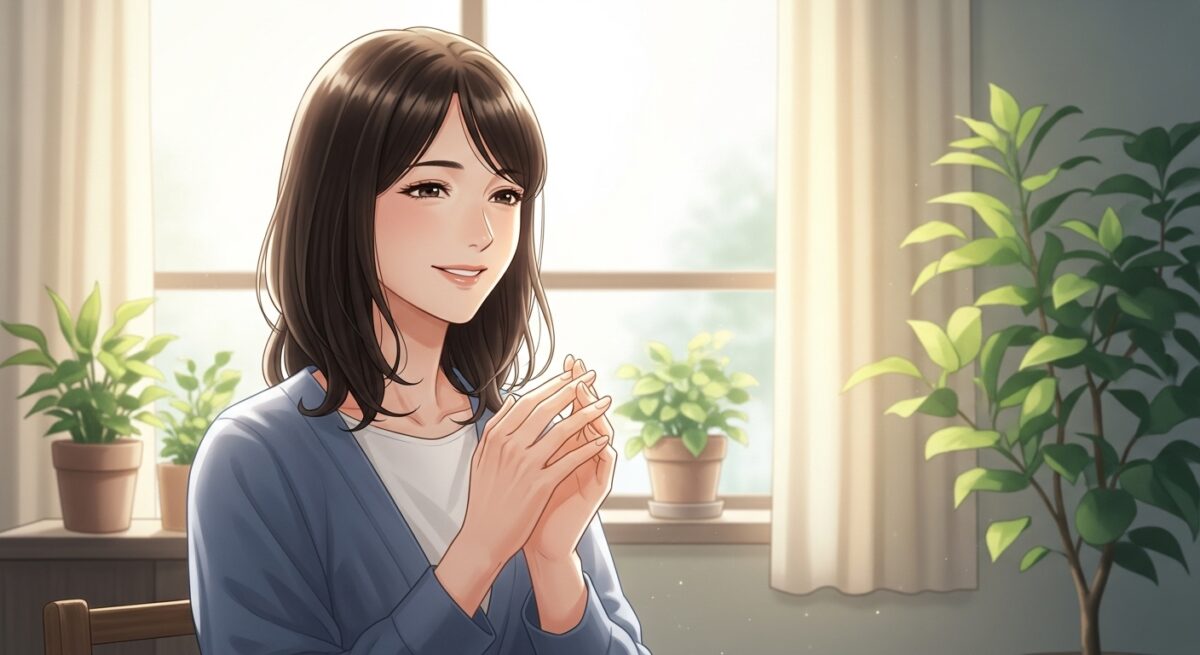 復縁後の再発を防ぎ、信頼関係を築くことをイメージした日本人女性の穏やかな表情のイラスト